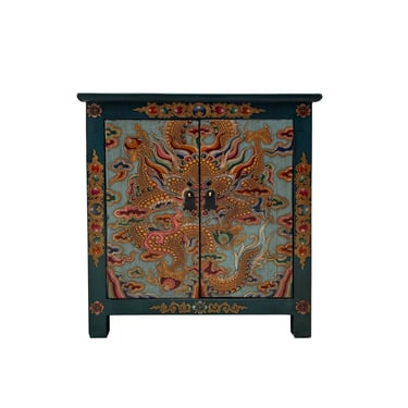 Tibetan Oriental Teal Turquoise Dragon Head End Table Nightstand cs7599E 