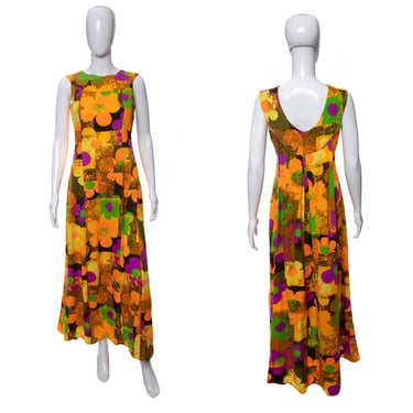 1960's The Sample Shop Orange and Multicolor Floral Print Sleeveless Tiki Dress Size M