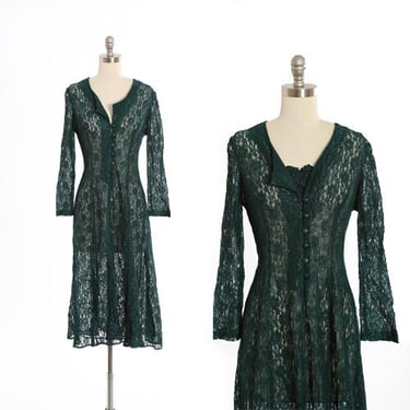 Vintage 90s forrest green sheer floral lace midi dress 