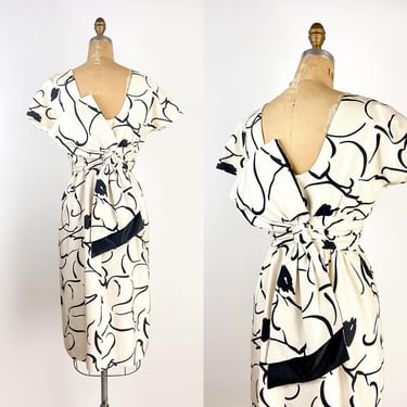 50s Style Black and White Bow Dress / Open Back Dress / Cocktail Dress / Size S/M 