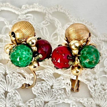 Glass Bead Earrings, Pin Up, Vintage Clip On, Signed Vogue, Vintage 40s 50s 