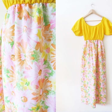 60s Pink Yellow Floral Maxi Dress M - Vintage 1960s Empire Waist Long Sundress - Swinging 60s Colorful Womens Dress 
