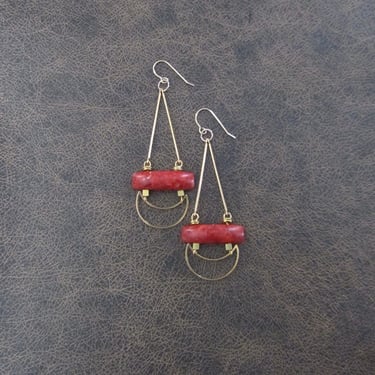 Red coral earrings, brass earrings, unique modern earrings, boho bohemian artisan earrings, ornate contemporary earrings, long dangle 
