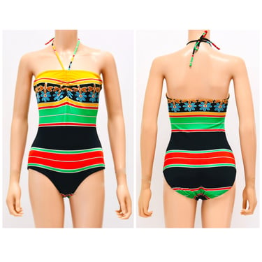 Vintage 70s 80s Swimsuit XS SMALL one Piece Halter neck Strapless Swimsuit Striped Floral Print Red Yellow Black Swimsuit Saks Fifth Avenue 