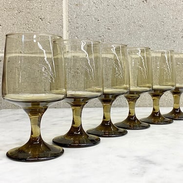 Vintage Wine Glasses Retro 1970s Contemporary + Libbey + Smokey Brown Glass + Tawny + Set of 6 + Barware and Kitchen + Modern Stemware 