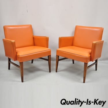 Mid Century Modern Jens Risom Style Orange Vinyl Club Lounge Chair - a Pair