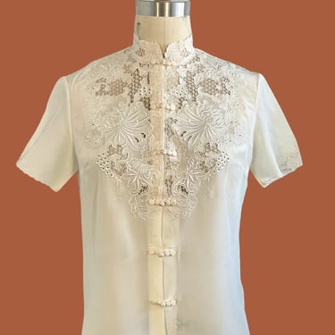 SILK ROAD 70s Chinese Hand Embroidered Off White Blouse, Large 
