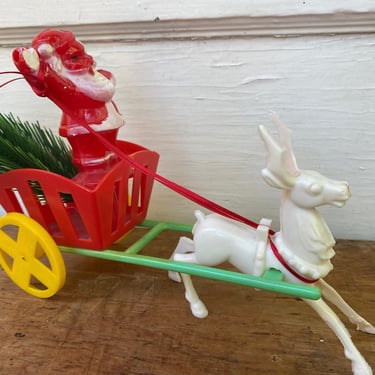 Vintage Rosbro Santa In Sleigh With Reindeer Candy Holder, Hard Plastic Santa, Break In The Green Wagon  Handle, READ Description 