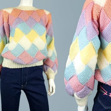 80s unique pullover sweater. Basketweave pastels boat neck handknit bishop sleeves vintage kawaii fairy new wave rollergirl. (S/M) 