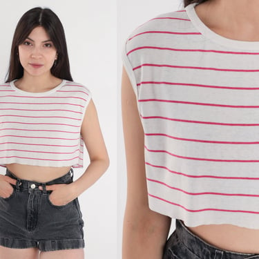 Striped Crop Top 80s Tank Top White Pink Shirt Cutoff Retro Cap Sleeve Shirt Cropped T-Shirt Thin Raw Edge Hem Vintage 1980s Small Medium 