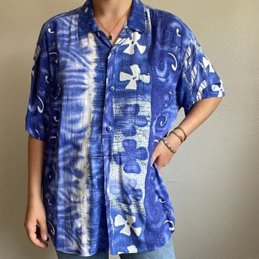 Vintage Jams World 90s Blue Hawaiian Tropical Floral Rayon Button Down Shirt L 