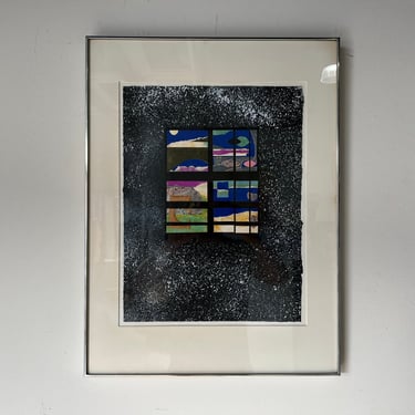 80's Vintage Modernist Abstract Collage Painting, Framed 