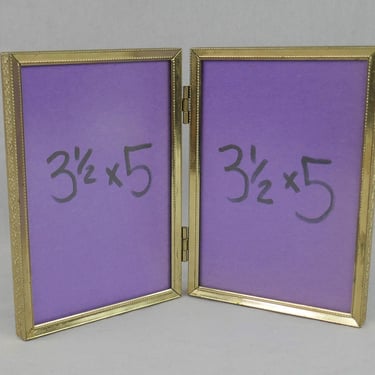 Vintage Hinged Double Picture Frame - Gold Tone Metal w/ Non-Glare Glass - Holds Two 3 1/2