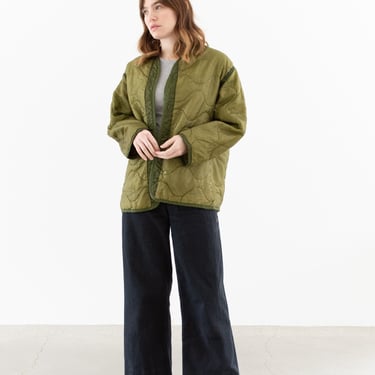 Vintage Green Liner Jacket | Unisex Wavy Quilted Nylon Coat | L | LI171 