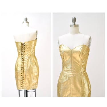 90s Metallic Gold Leather Dress by Michael Hoban North Beach Leather Lace Up Corset Strapless Dress Body con lace up dressSize Small Medium 
