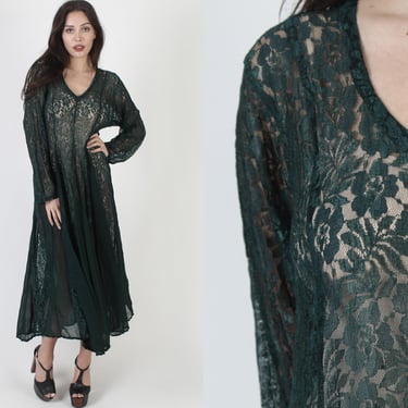 Long Sleeve 90s Dark Green Sheer Gypsy Lace Grunge Dress 