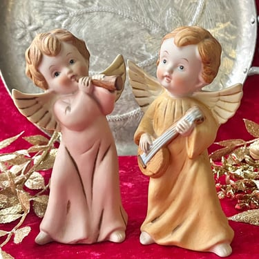 Porcelain Angels, Holiday Decor, Mid Century Christmas, Set 2, Homco, 60s 70s Vintage 
