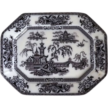 1800's Antique English Edward Challinor Ironstone Black Transferware Pelew Platter 