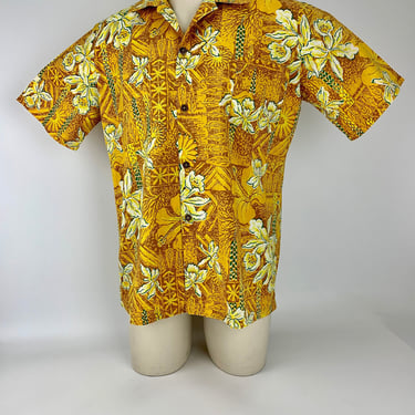 1960's Hawaiian Shirt - All Cotton Fabric - Golden Orange with Light Yellow Orchids - Metal Buttons - Patch Pocket - Men's Size Medium 