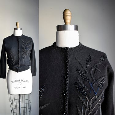 1950s Black Beaded Cardigan Sweater 