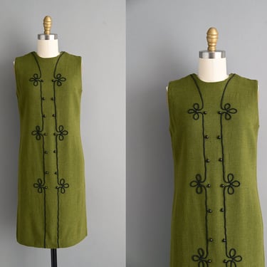 vintage 1960s Military Green Dress - Medium 