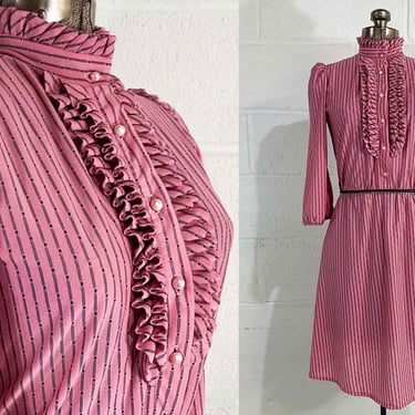 Vintage Pink A-Line Dress Mod Doo-Dads Twiggy Black Stripe Long Sleevess Ruffle Collar Lolita Small 1960s 
