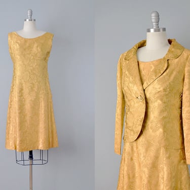 1960s Hattie Carnegie Gold Silk Brocade Cocktail Dress  w/ Matching Jacket / Size Medium 