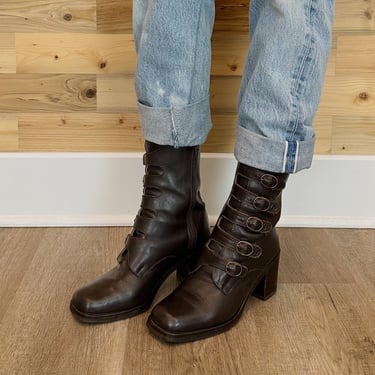 Vintage Italian Leather Chunky Heel Buckle Boots / Size 37 US Women's 6.5 
