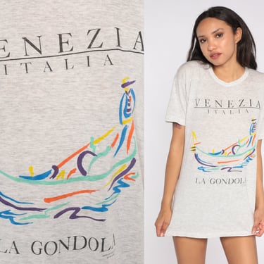 Venezia Italia Shirt 80s 90s Italy T Shirt La Gondola Thin Graphic Tee Retro Tourist Travel Top Vintage 1980s Single Stitch Shirt Grey Large 