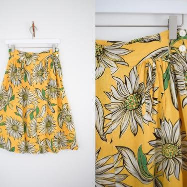 Vintage 1930s Daisy Print Skirt | XS | 30s/1940s Soft Rayon Novelty Floral Print Yelllow Skirt 