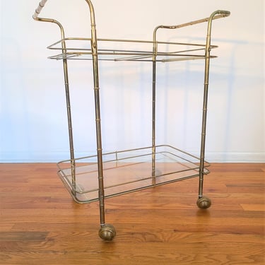 Mid Century Brass Faux Bamboo Rolling Bar Cart / Server 