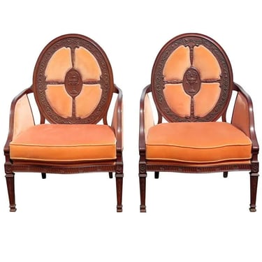 Best Carved English Georgian Mahogany Cameo Back Upholstered Arm Dining Chairs