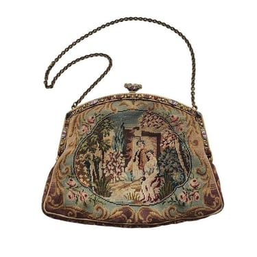 Antique French Handbag Tapestry Weave w/Enameled Frame Pastoral Rococo 