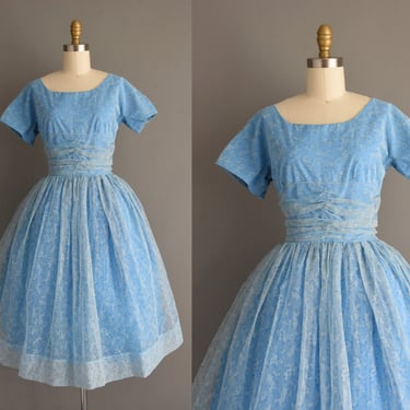 1950s vintage dress | Gorgeous Chiffon Floral Print Short Sleeve Sweeping Full Skirt Party Dress | Medium | 50s dress 