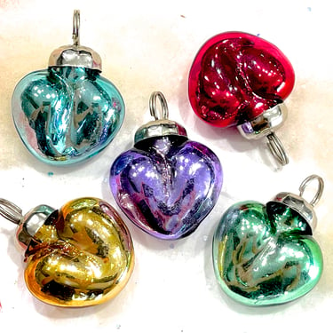 VINTAGE: 5pc - Small Thick Mercury Heart Ornaments - Mid Weight Kugel Style Christmas Ornaments - Unique Find 