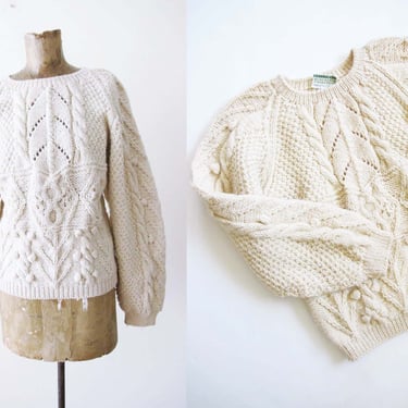 Vintage Cable Knit Wool Sweater M - 1980s Off White Cream Pom Pom Knit Pullover Sweater - Hygge Cozy Wool Jumper 