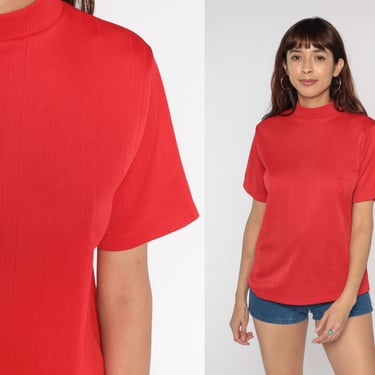 70s Mod Shirt Red Mock Neck Ribbed Top 1970s Plain Blouse Vintage Short Sleeve Shirt Blank Basic Top Seventies Medium Large 