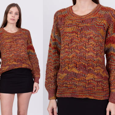 Vintage Abstract Knit Sweater Medium to Large | Earth Tone Open Weave Eyelet Knit Retro Pullover 