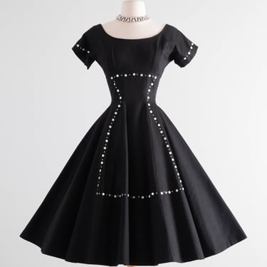 Fabulous 1950's Mr. Mort Black Party Dress With Decorative Buttons & Rhinestones / Small