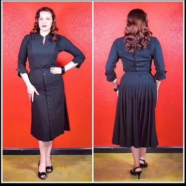 1930s 40s Wool Pleated Back Two Piece Dress Skirt & Top 
