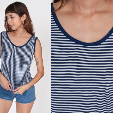 Striped Tank Top -- 80s Navy Blue White Ringer Tee Retro Shirt Sleeveless Top 1980s Tee Vintage Preppy Sporty Nautical Tight Large 