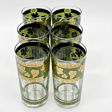 Set of 6 Vintage Cera Glass Green & Gold Tall Cocktail Glasses - Mid-Century Golden Grape Tumblers for Whiskey Highballs 