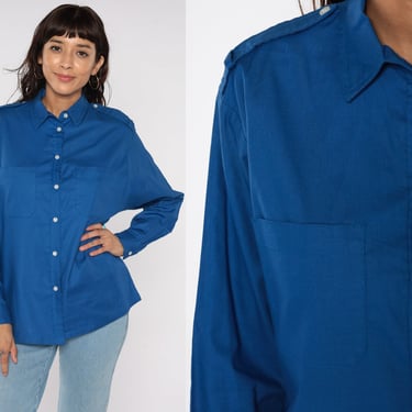 Blue Shirt 90s Gloria Vanderbilt Button Up Shirt Epaulette Long Sleeve Collared Shirt Cotton 1990s Basic Simple Vintage Retro Medium 