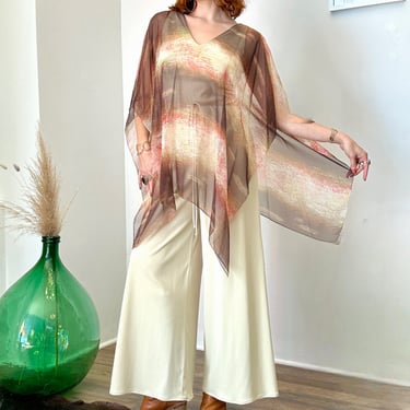 Vintage 1970s Jumpsuit / 70s Caped Wide Leg Jumpsuit / Cream Brown ( S M ) 