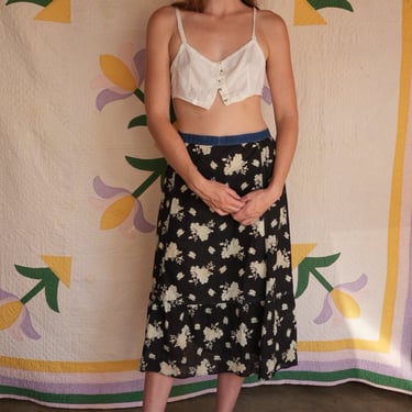 30's Skirt / Cotton Midi Skirt with Feedback Floral Print and Indigo Waistband / Thirties Peasant Cotton Skirt / Summertime Cotton Skirt 