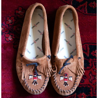 Vintage Beaded Moccasins - 1990s - Minnetonka Slippers - Leather Loafers 