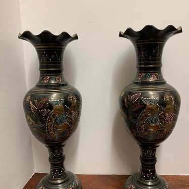 Pair of Vintage Brass Enameled Vases 