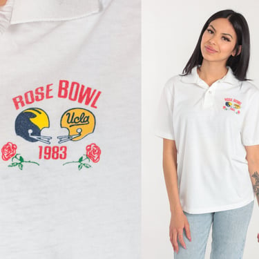 1984 Rose Bowl Shirt 80s UCLA White Polo Football Los Angeles Short Sleeve Button Up Collared T-Shirt Single Stitch Vintage 1980s Medium M 