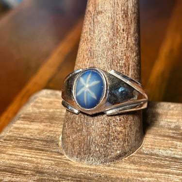 14k HGE White Gold Simulated Star Sapphire Ring Uncas Vintage Retro Jewelry Gift 