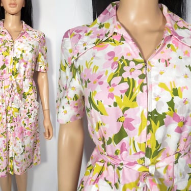 Vintage 60s Spring Floral Cotton Dress With Deep Pockets Size M 